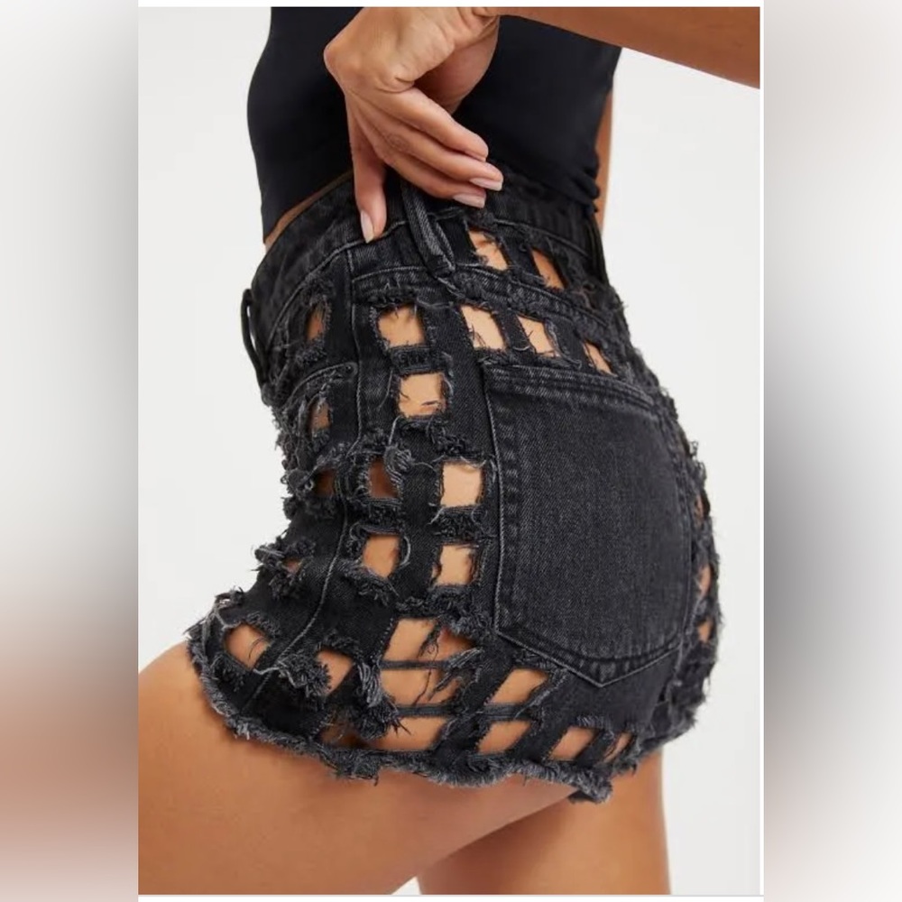 Good American Black Distressed Cutout Jean Shorts